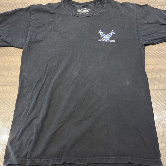 VINTAGE US Air Force Shirt Mens Medium Black Blue Winged Logo Bayside USAF USA - Picture 1 of 4